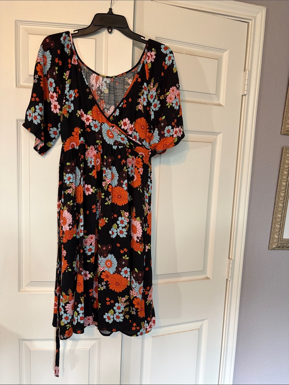 Modcloth Black Wrap Midi Dress with Orange & Blue Floral Print